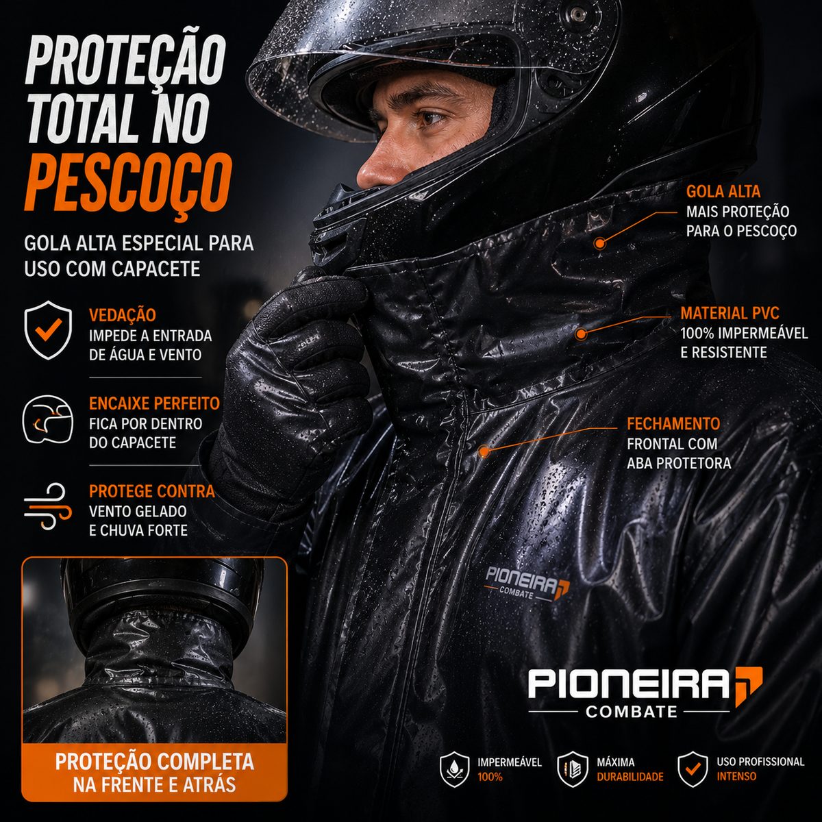 Proteção total no pescoço: gola alta para uso com capacete