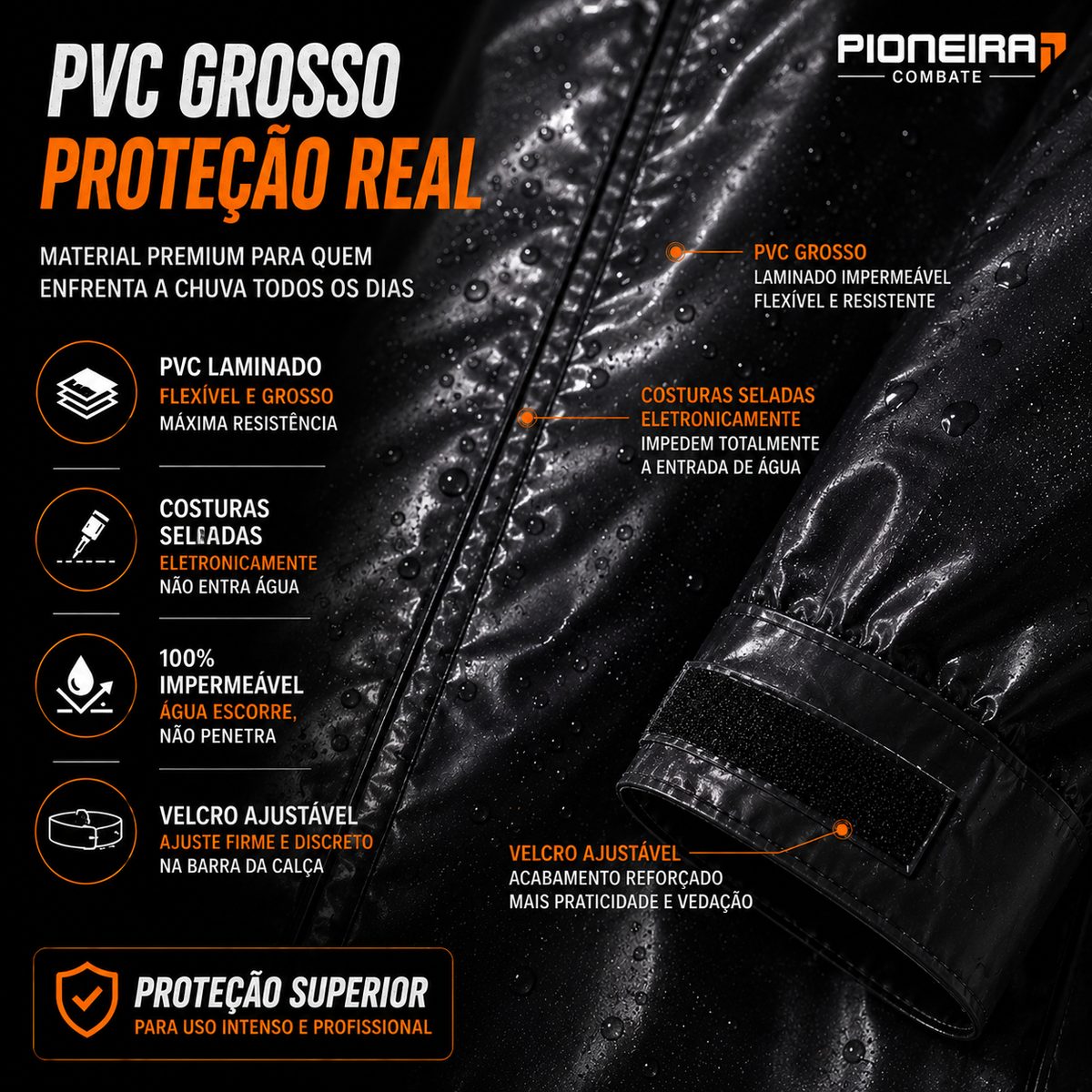 PVC grosso, proteção real: costuras seladas e velcro ajustável
